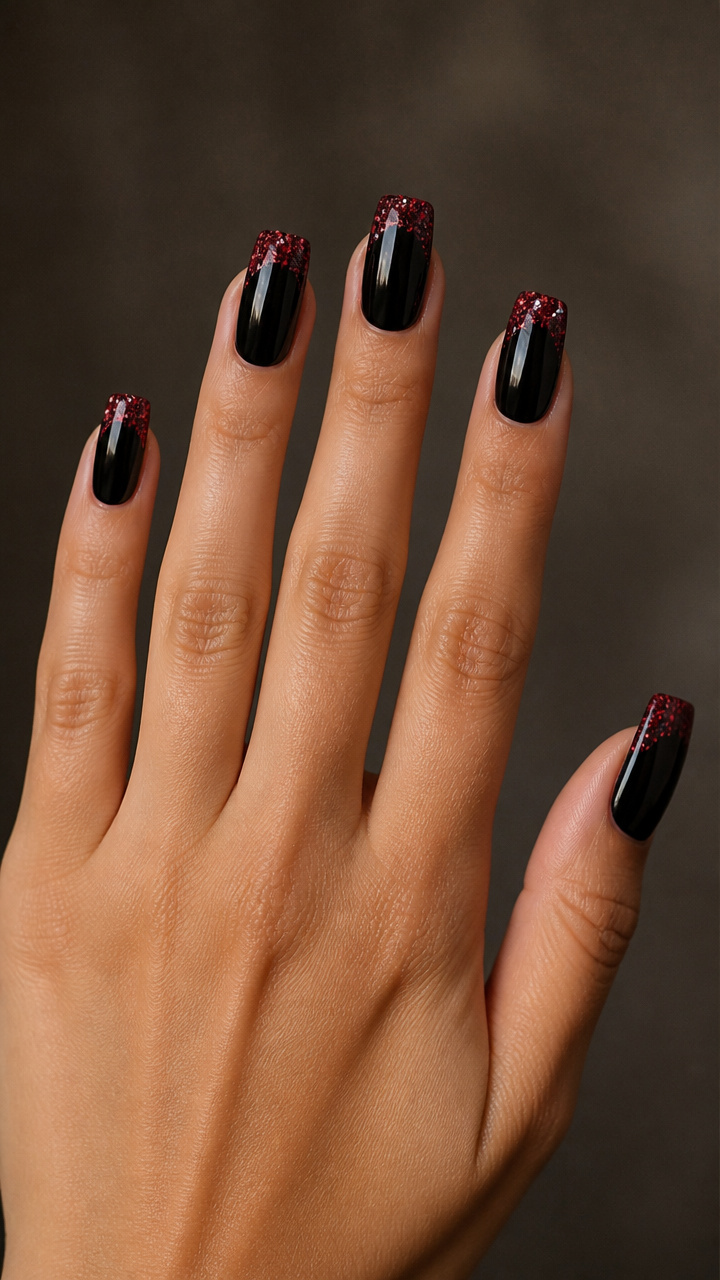 Black Base with Floating Red Glitter Tips