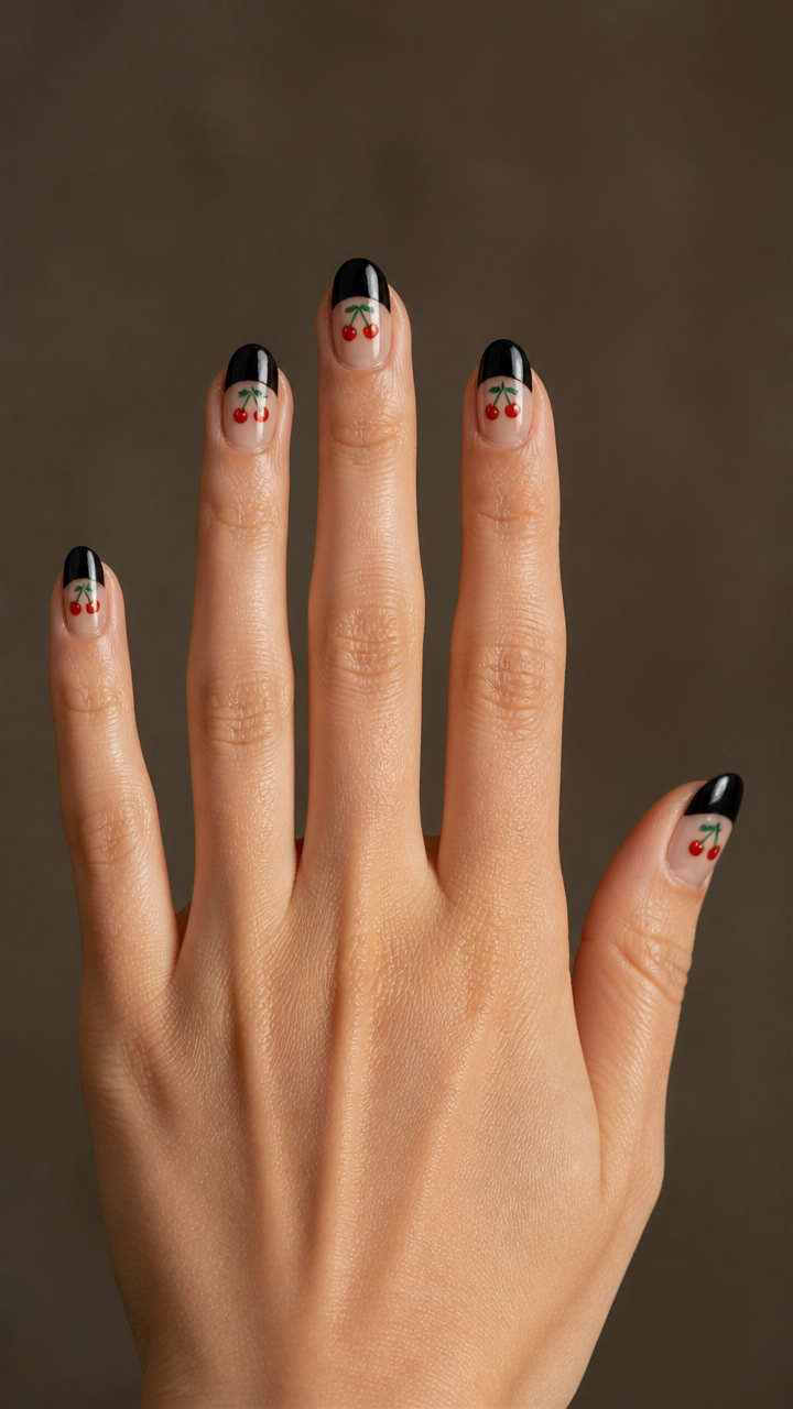 Half-Moon Design with Black Polish and Cherry Top Accents