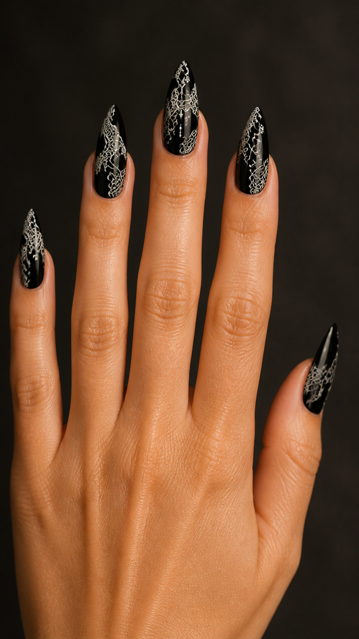 Black Stiletto Nails with Lace-Inspired White Linework