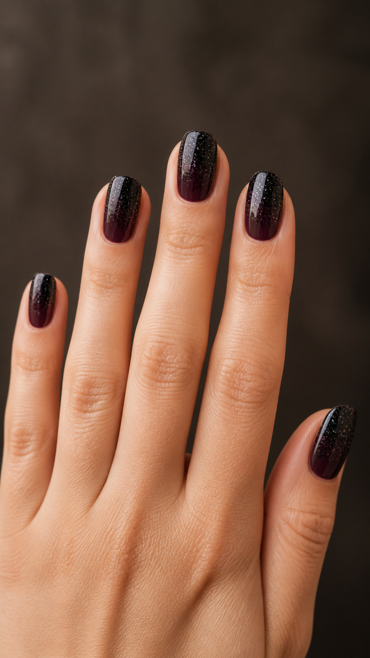 Black Glitter Ombre Over Deep Plum Base
