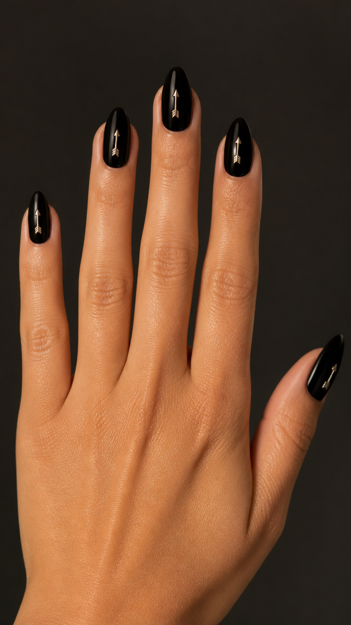 Black Nails with Tiny Silver Arrow Studs