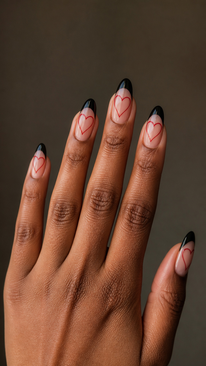 Black French Tips with Inner Heart Lining