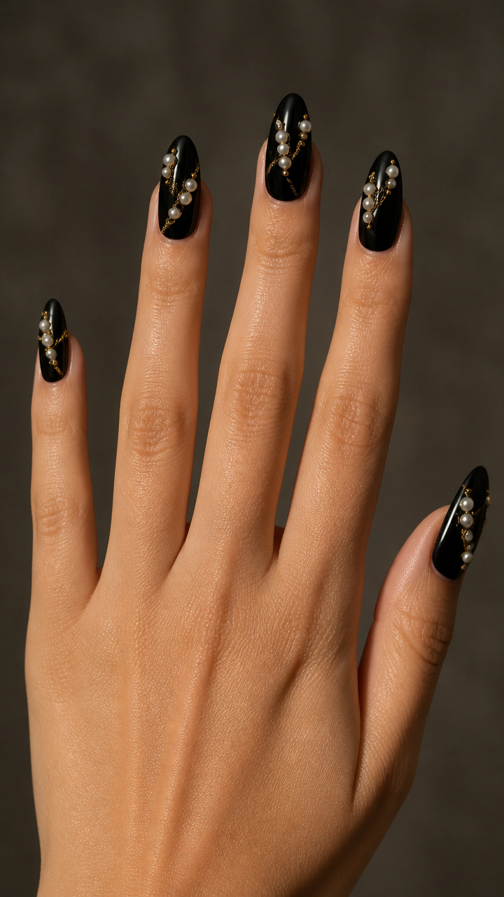 Black Base with Floating Pearl and Chain Accents
