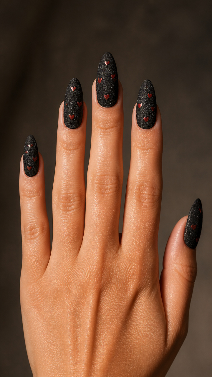 Textured Black Sand Effect with Red Micro-Hearts