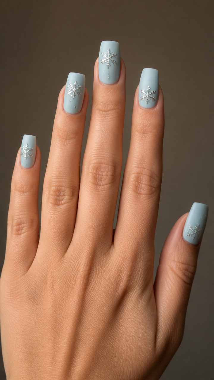 Matte Powder Blue Square Nails with Metallic Snowflakes