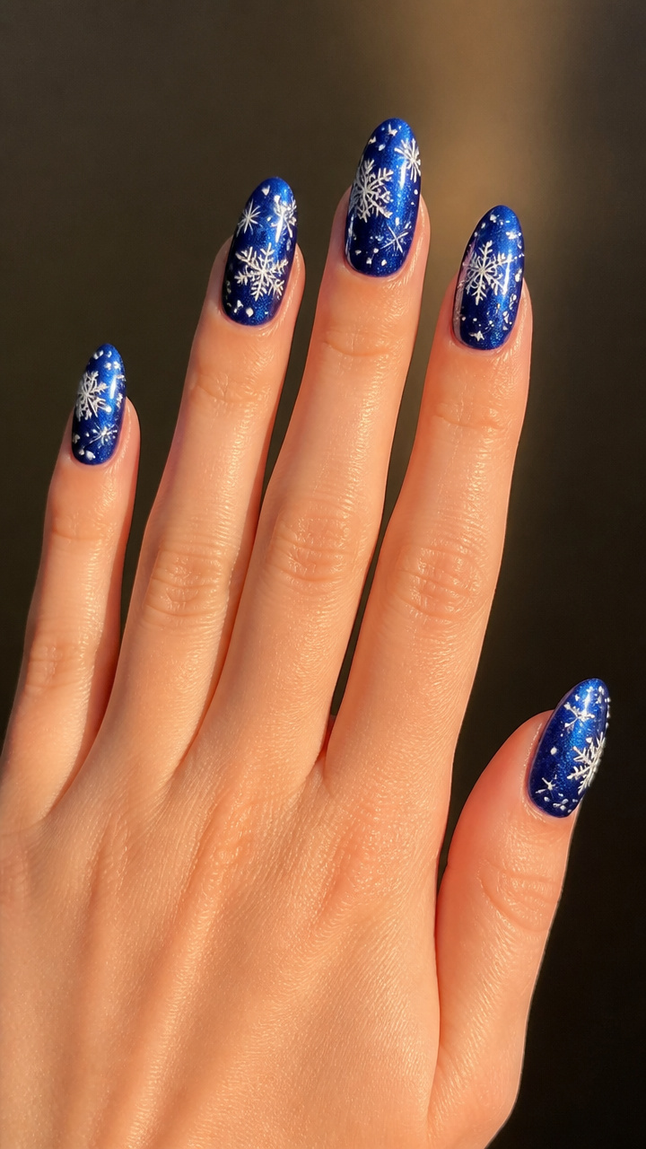 Royal Blue Base with White Holographic Snow Patterns