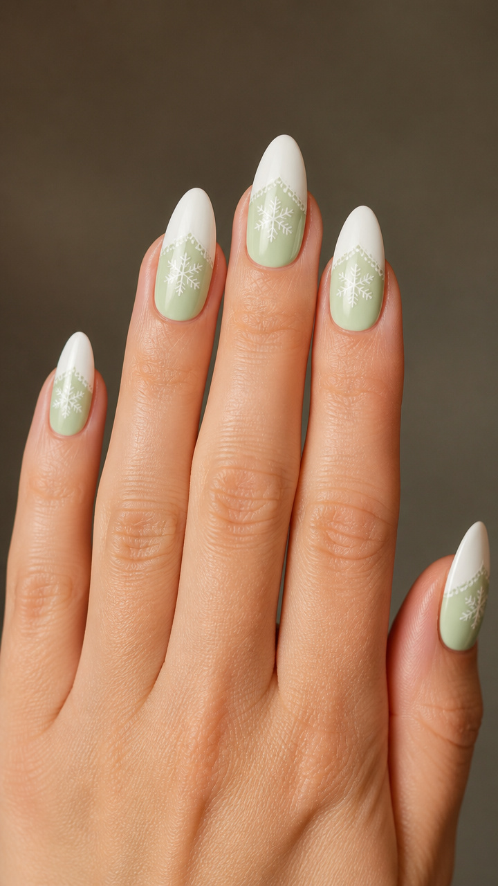 Pale Mint Almond Tips with Delicate Lace Snowflakes
