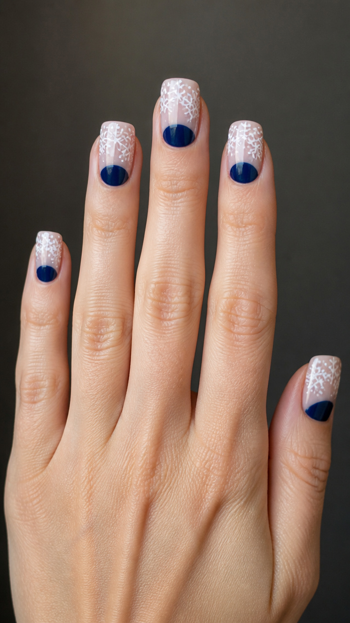 Sapphire Blue Half-Moon Manicure with Snowflake Caps