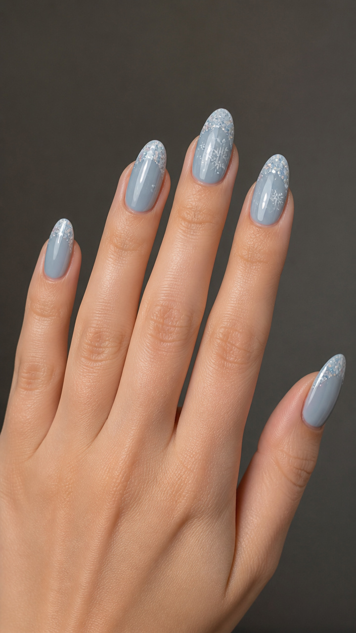 Chill Gray-Blue French Tips with Glitter Snowfall