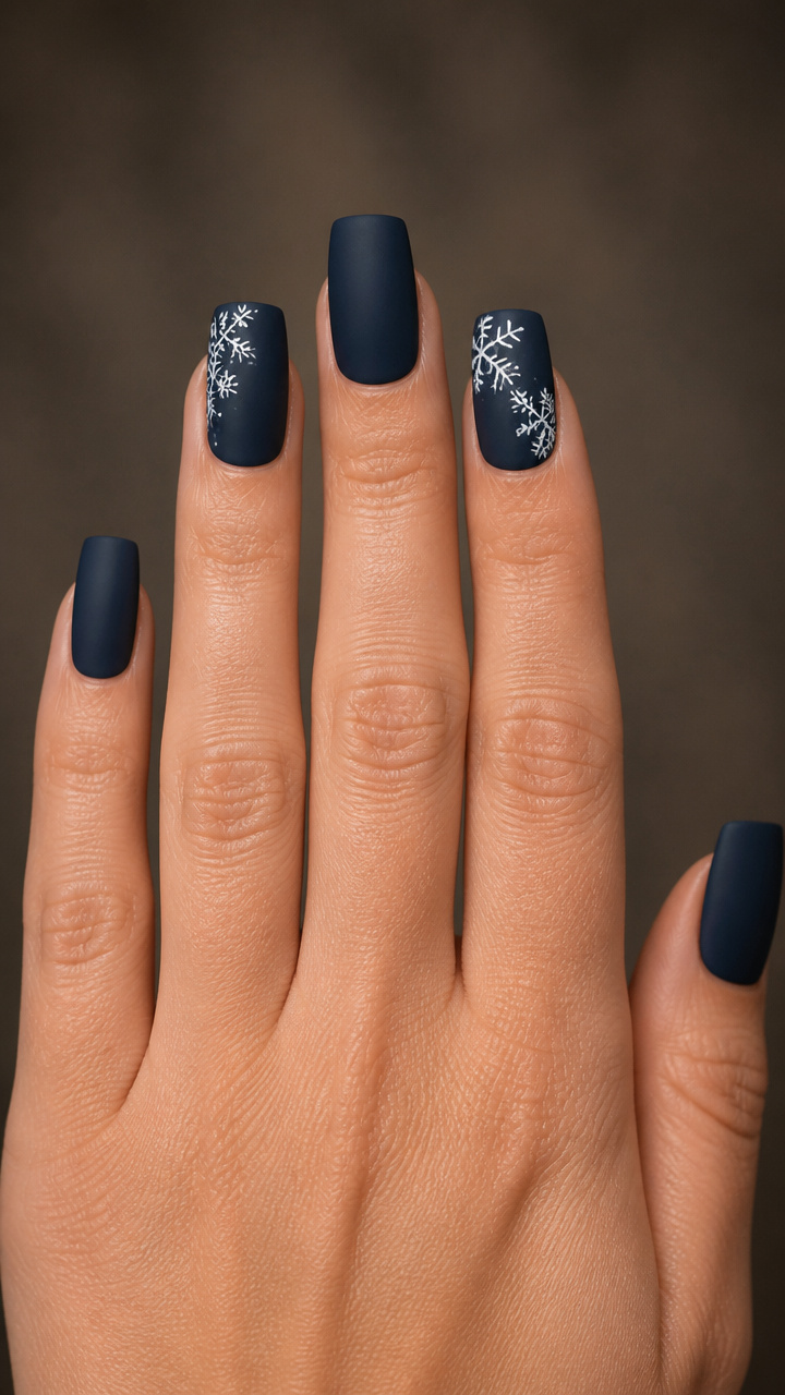 Navy Matte Square Nails with Glossy Snowflake Clusters