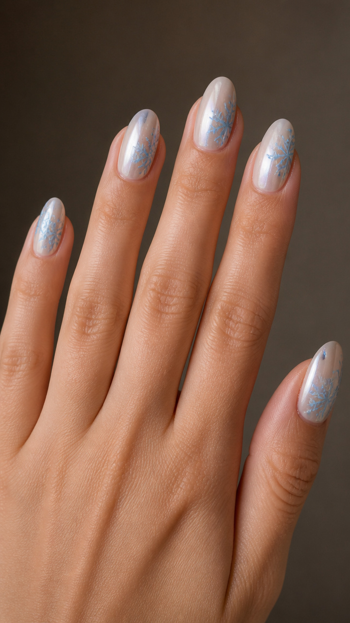 White Chrome Base with Negative Space Blue Snowflakes