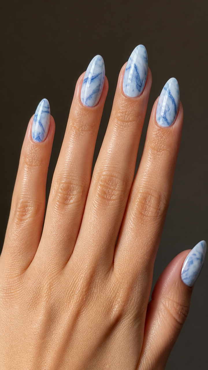 Arctic Marble Swirls on Almond Nails
