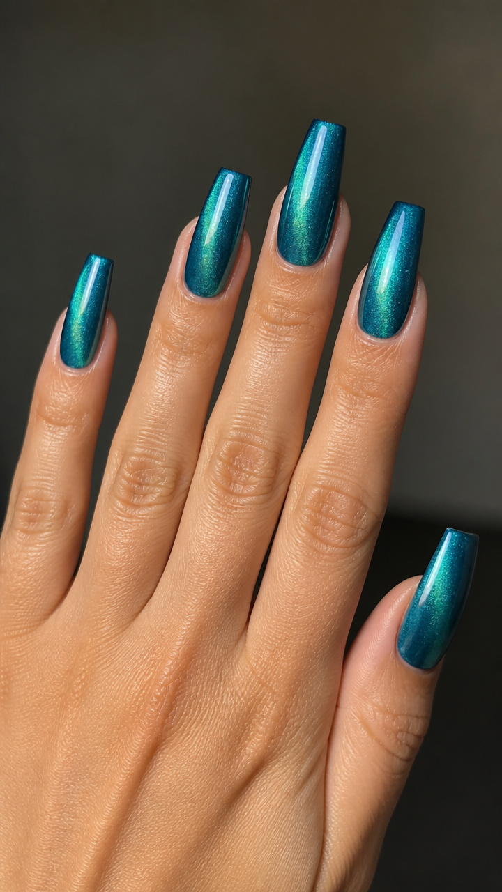 Icy Teal Chrome Coffin Tips