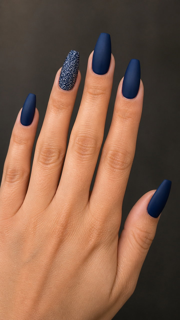 Deep Navy Matte Coffin with Silver Micro Glitter Accents