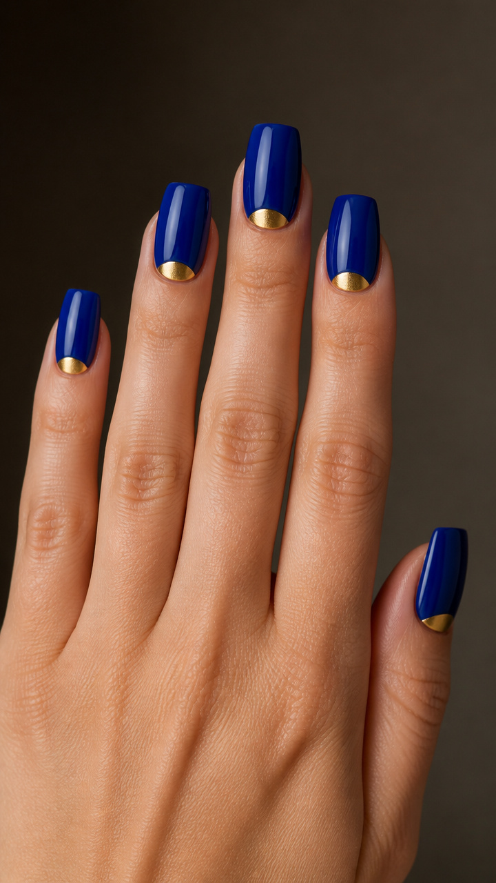 Royal Blue Square Nails with Gold Half-Moon Detail