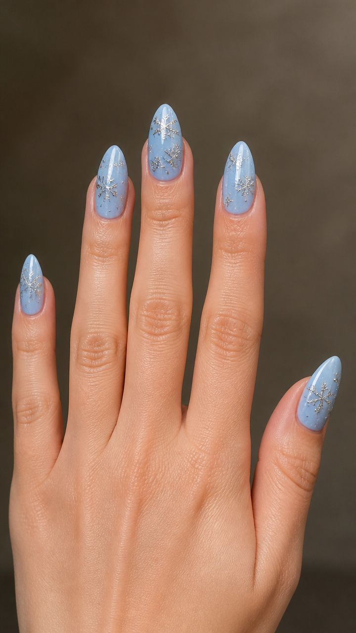 Frosted Sky Blue Almond Nails with Silver Snowflakes
