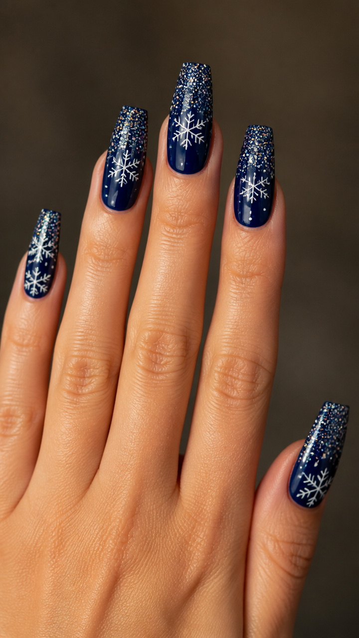 Deep Navy Coffin Nails with Glitter Gradient and White Snowflakes