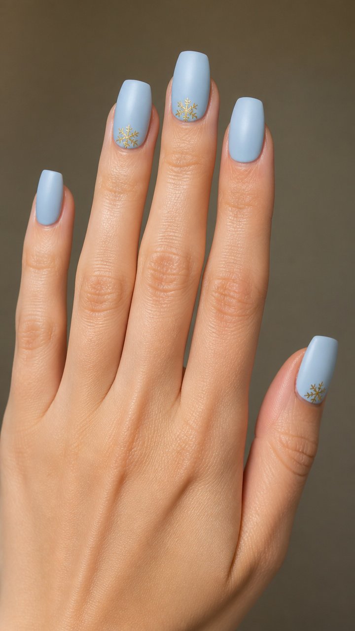 Matte Ice Blue Square Nails with Minimalist Gold Snowflakes
