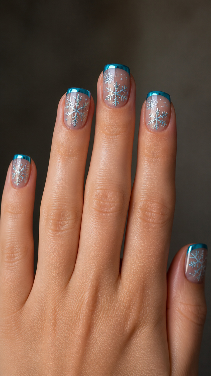 Turquoise Chrome Tips with Floating Snowflake Art