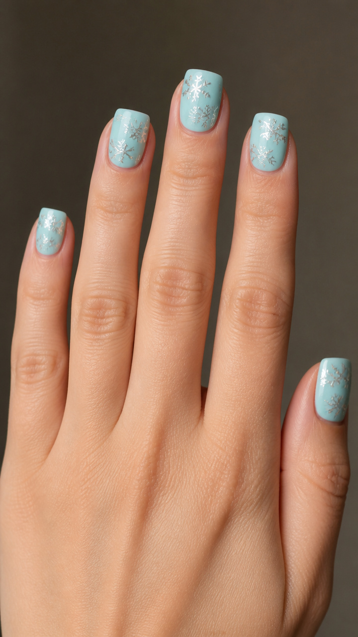 Icy Mint Blue Short Square Nails with Foil Snowflakes