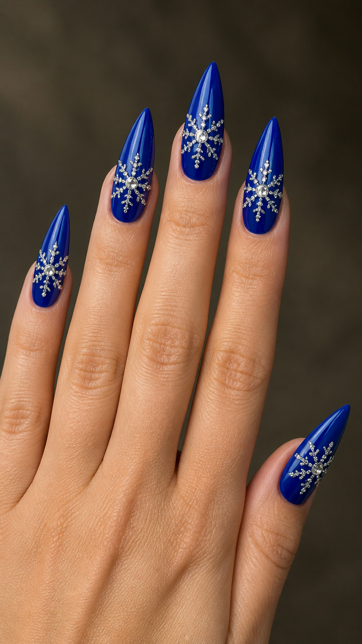 Royal Blue Stiletto Nails with Rhinestone Snowflake Centers