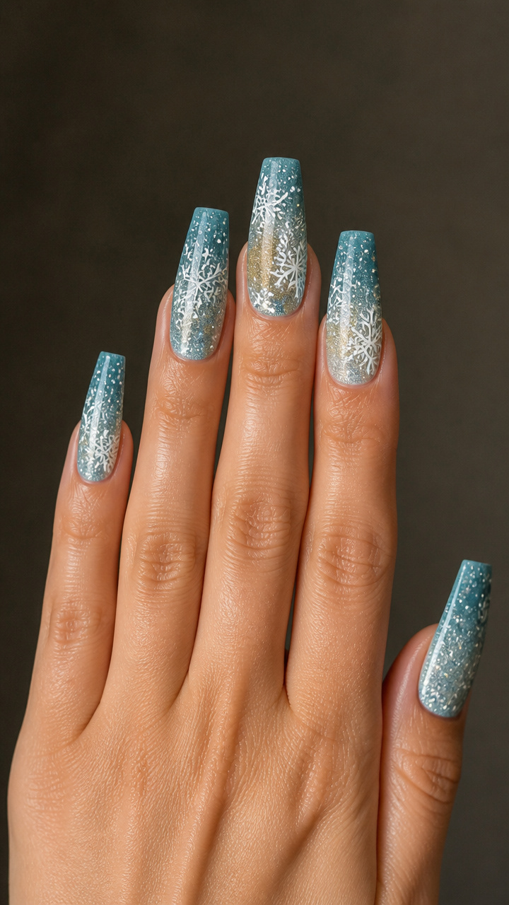 Teal and Silver Ombré with Micro Glitter Snowflakes
