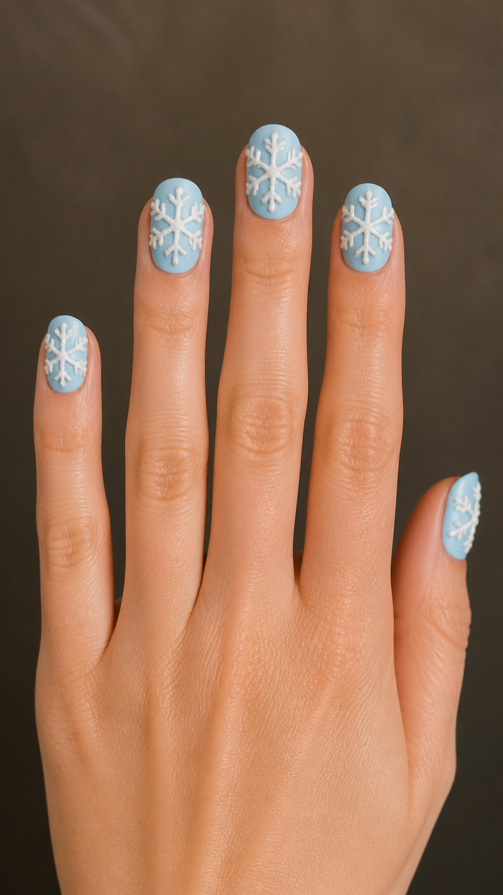 Powder Blue Round Nails with Puff Paint Snowflakes