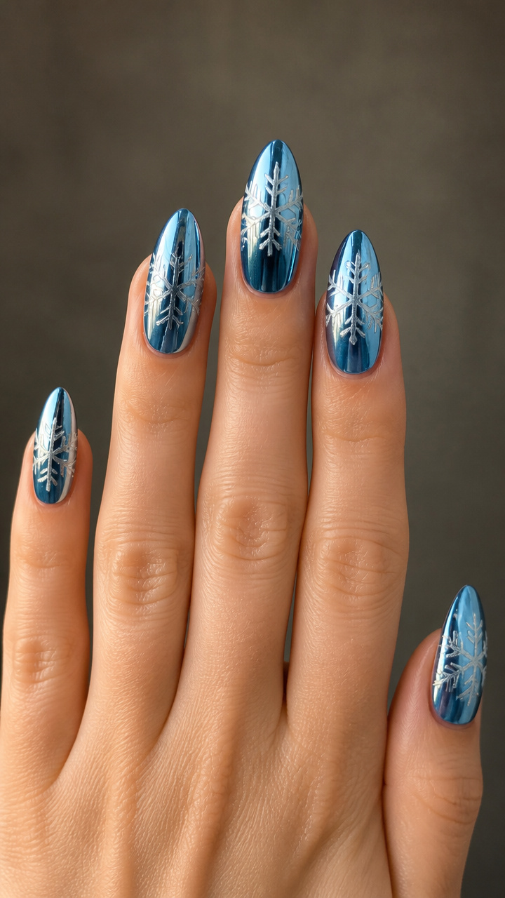 Arctic Blue Chrome Full-Cover Nails with Etched Snowflakes