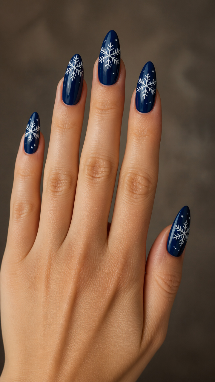 Navy and White Dip Powder Snowflake Accents