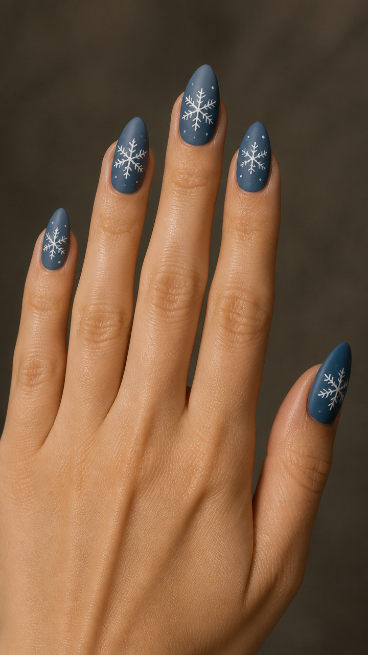 Slate Blue Almond Nails with Matte Top Coat and Glossy Snowflakes