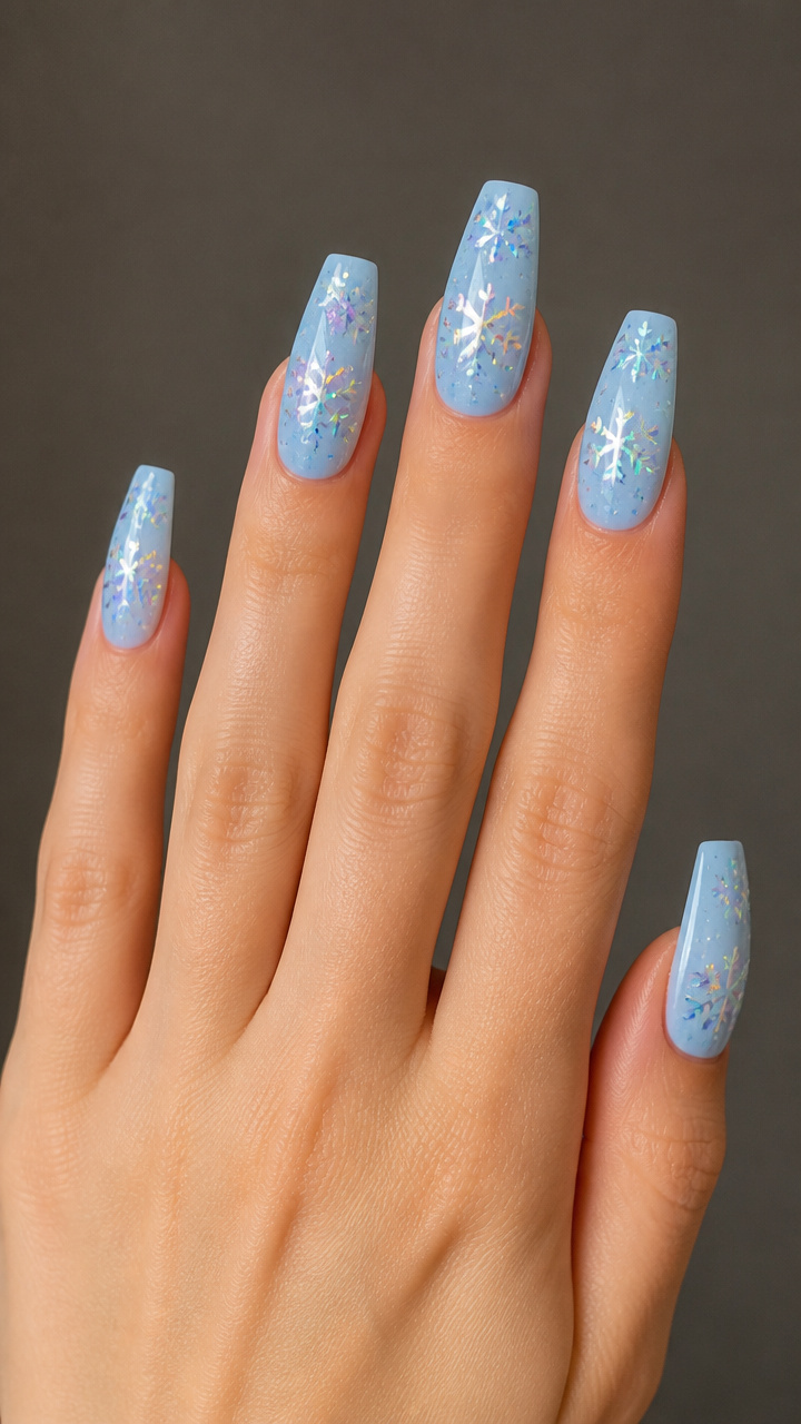Baby Blue Coffin Nails with Holographic Snowflake Flakes