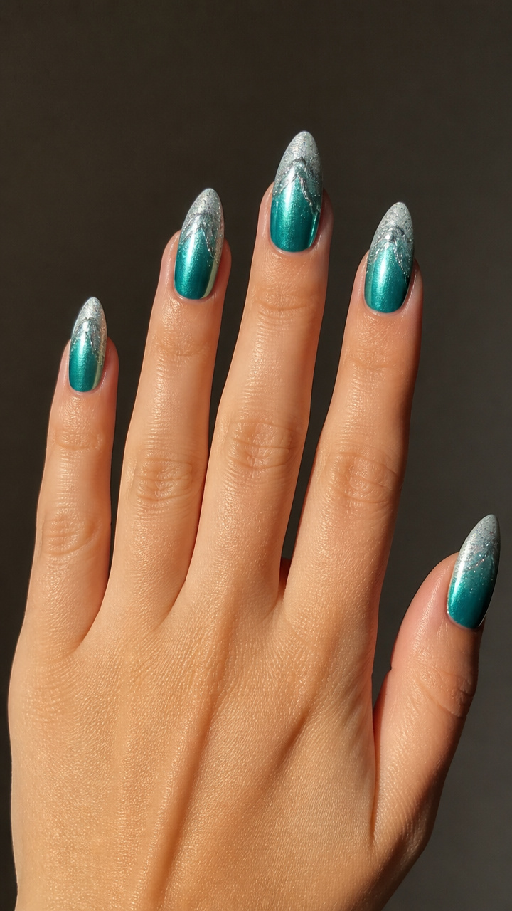 Teal Chrome Ombré with Silver Glitter Tips