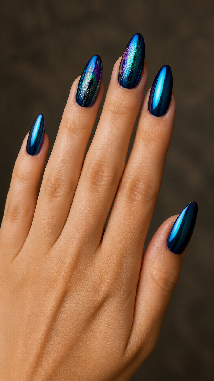 Peacock Blue Chrome with Feather Detail