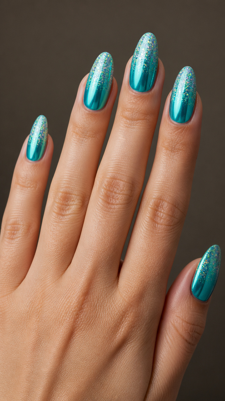 Turquoise Chrome with Iridescent Glitter Fade