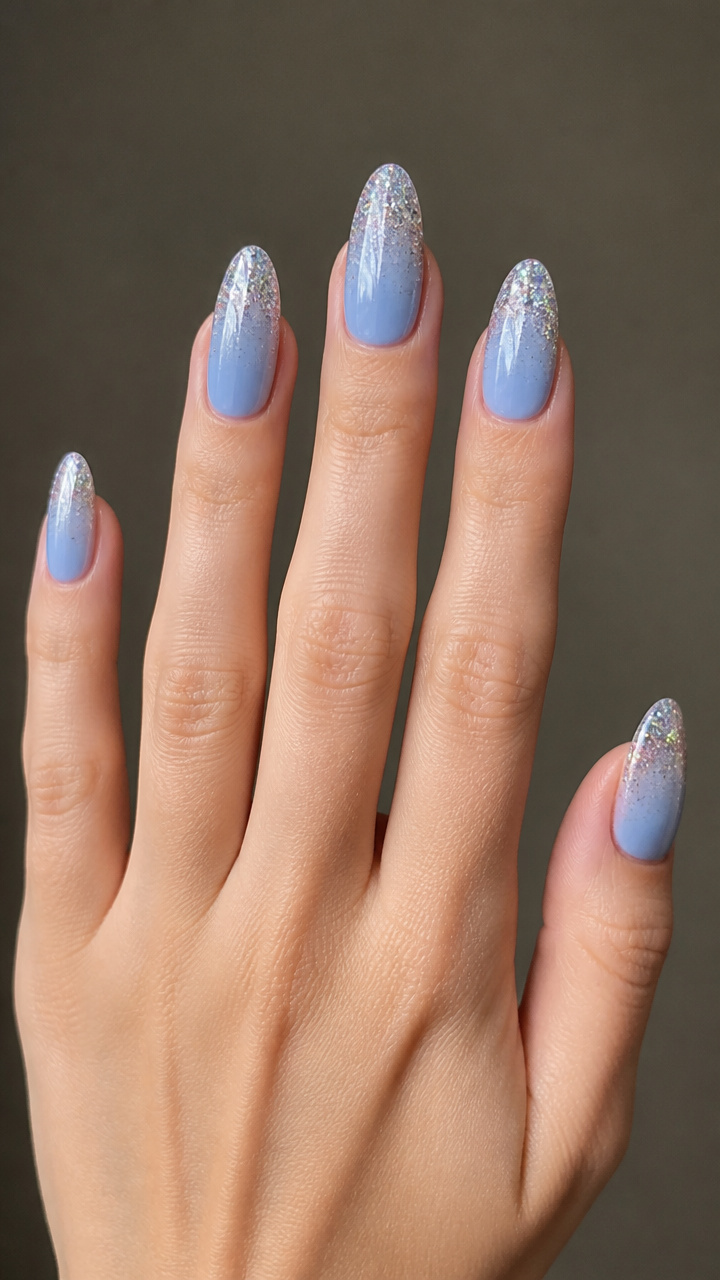 Icy Sky Blue Ombre with Glitter Gradient Tips