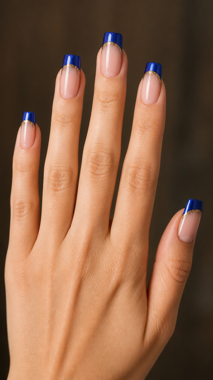 Royal Blue French Tips with Gold Glitter Inlay