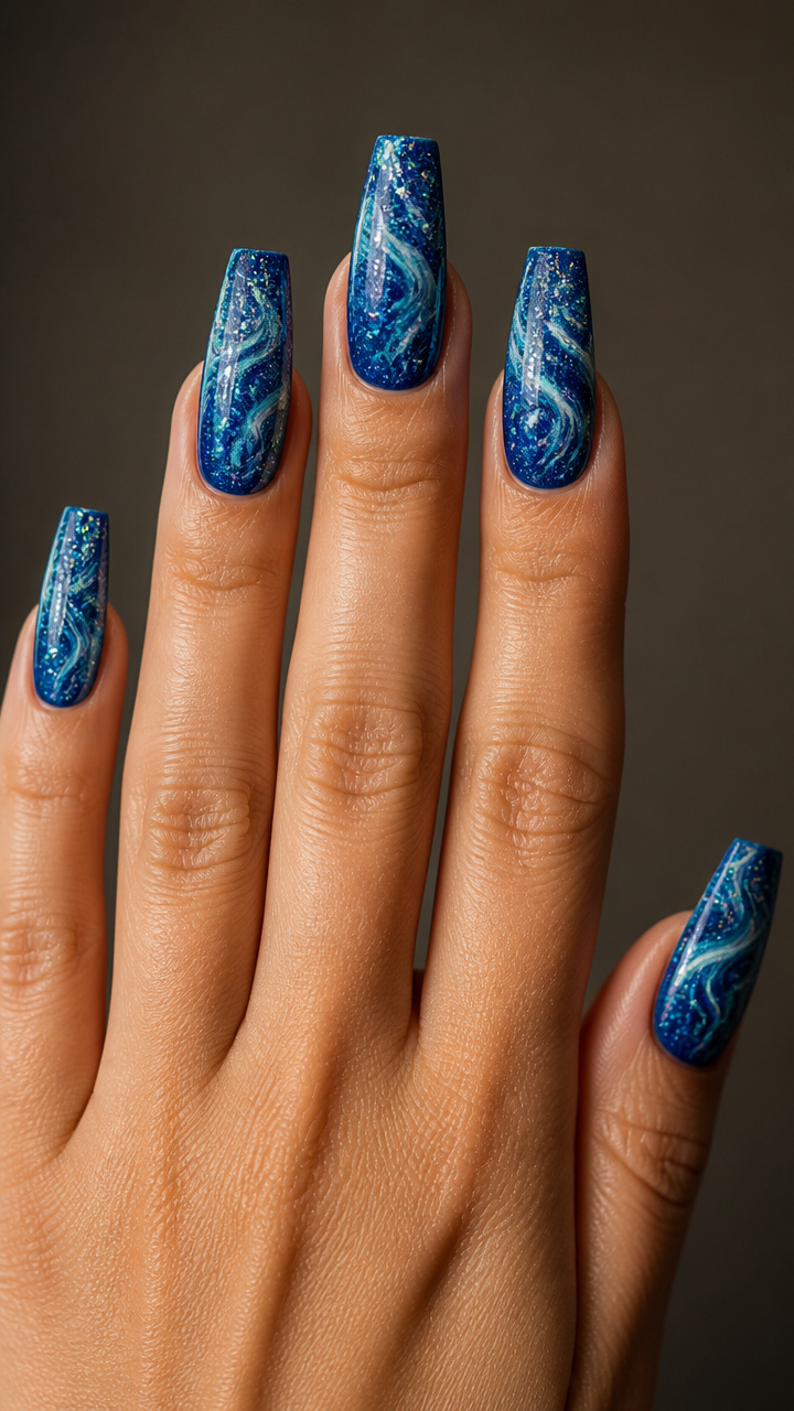 Teal Frost Swirls on Cobalt Base with Iridescent Dust