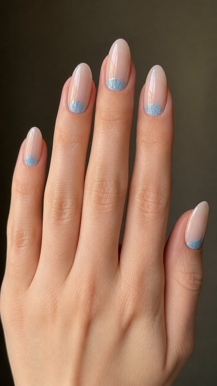 Powder Blue Glitter Half-Moons with Nude Base