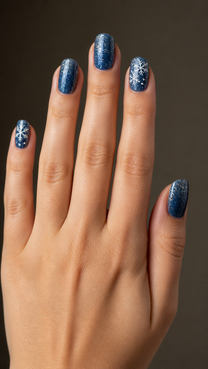 Deep Denim with Snowflake Decals and Clear Glitter Top Coat