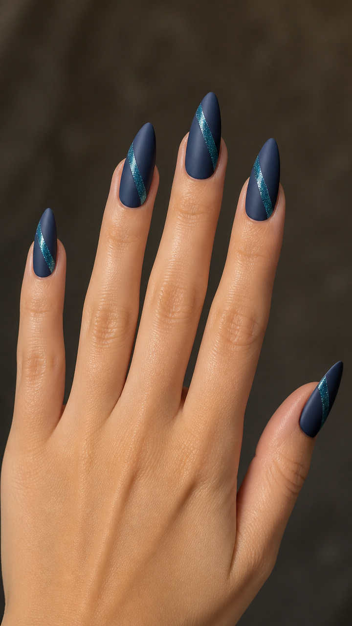Slate Blue Matte Polish with Metallic Teal Glitter Stripes