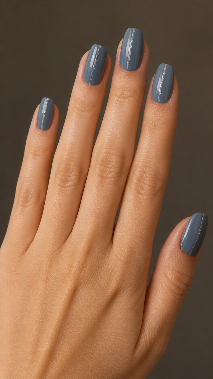 Steel Blue with Vertical Glitter French Lines