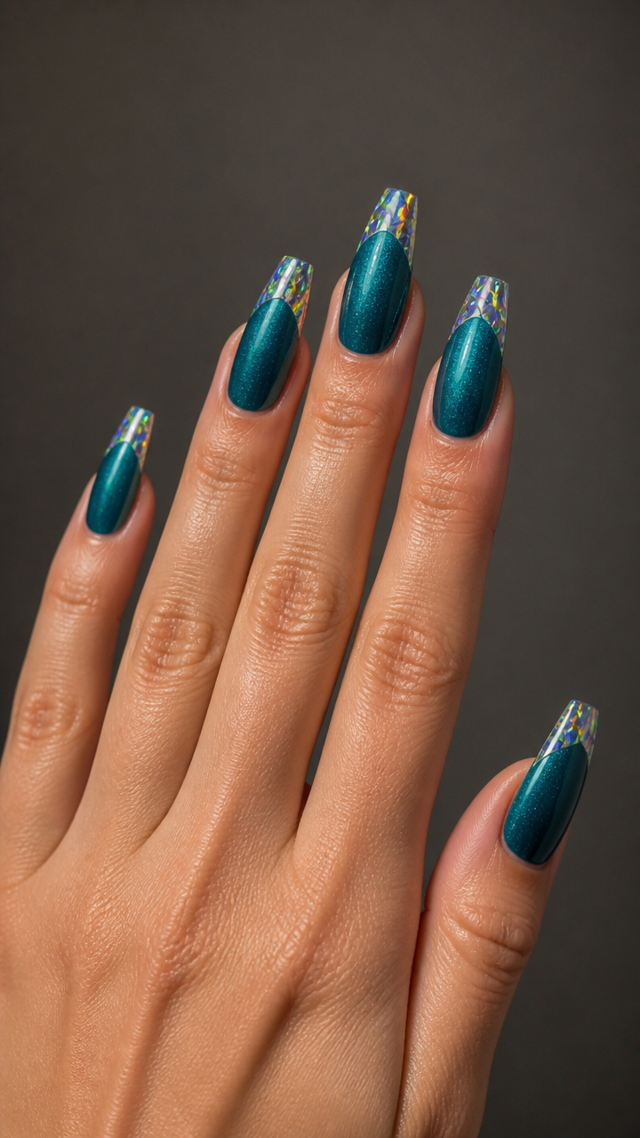 Teal Shimmer Coffin Nails with Holographic Tips