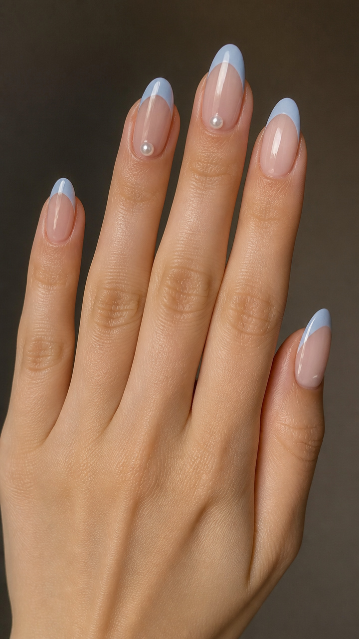 Powder Blue French Tips with Pearl Dots