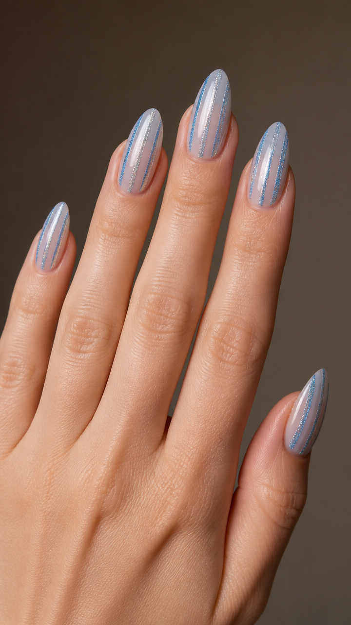 Blue Tinsel Stripes on Frosted Glass Base