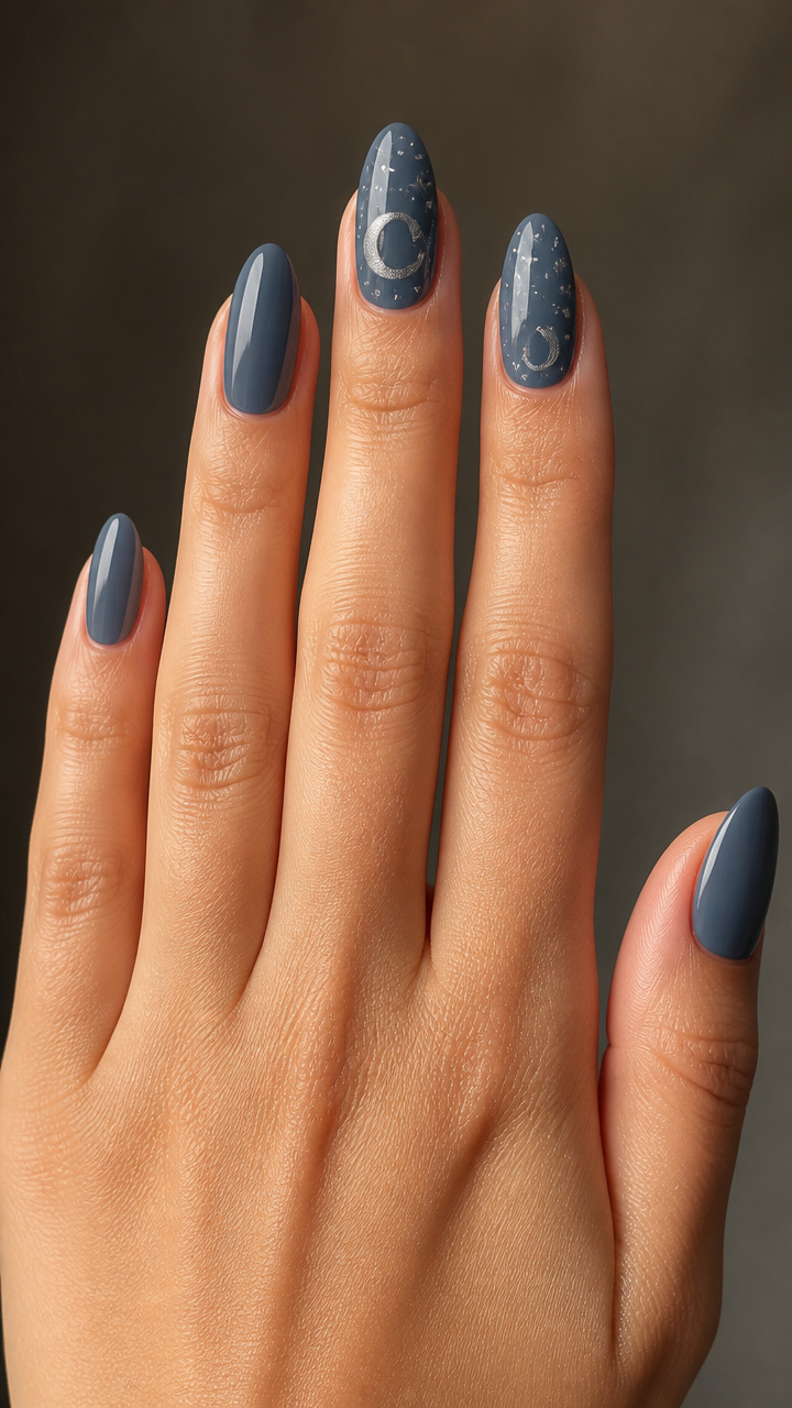 Slate Blue Moon and Star Accent Nails