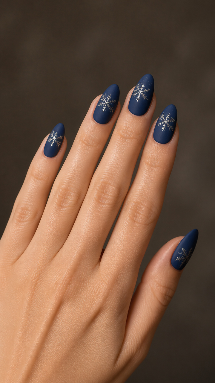 Navy Velvet Matte Base with Silver Snowflakes