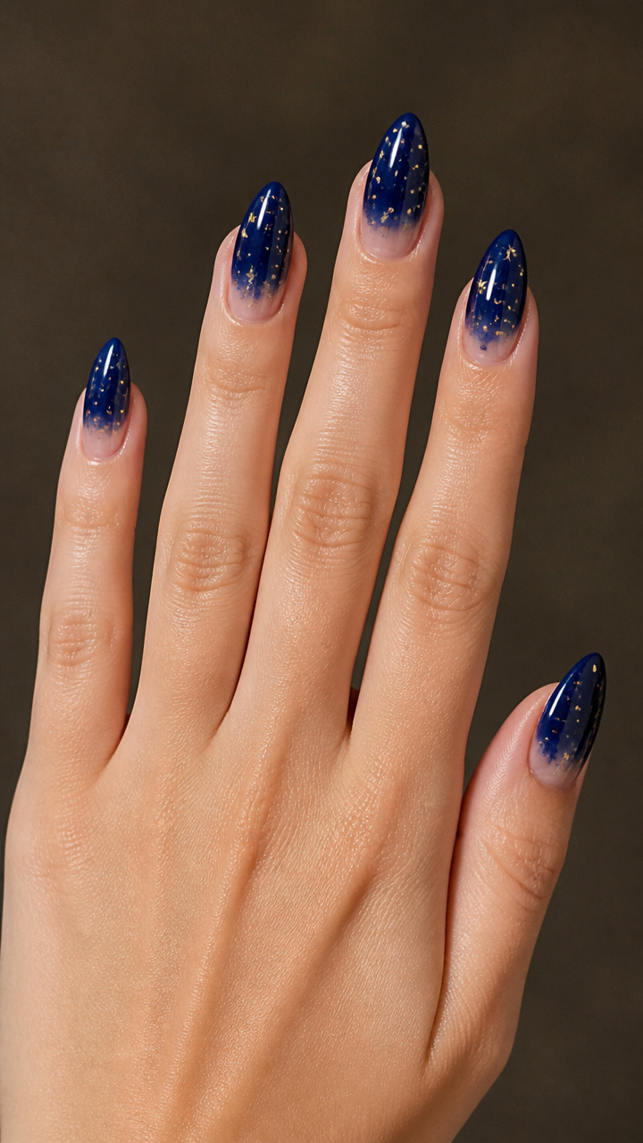 Indigo Dipped Almond Nails with Star Dust