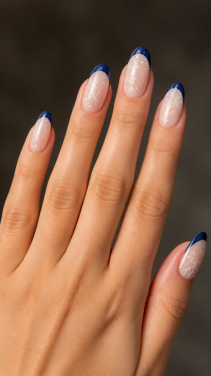 Navy French Tips with Hand-Drawn Snowflakes