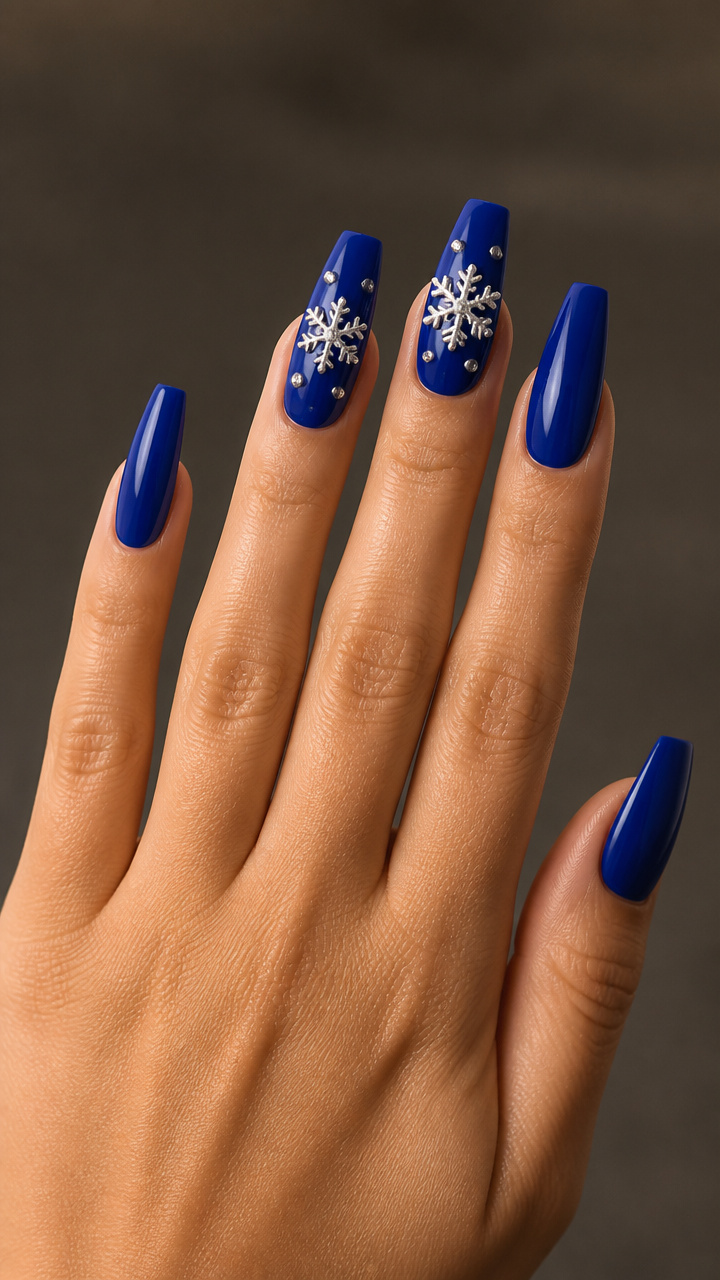 Royal Blue Coffin Nails with 3D Snowflake Charms