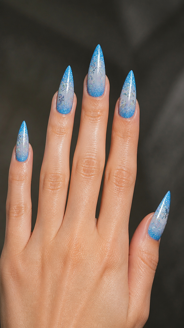 Arctic Blue Stiletto Nails with Glitter Gradient